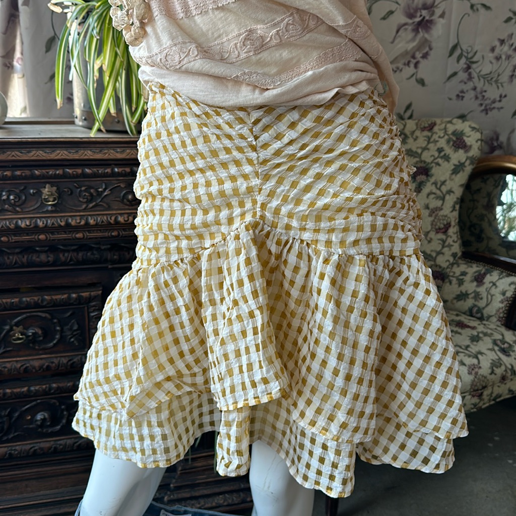 H&M Checker Ckrinkled Fluffy Skirt Ruffles Zipper Lined Sz 12 Cream Mustard